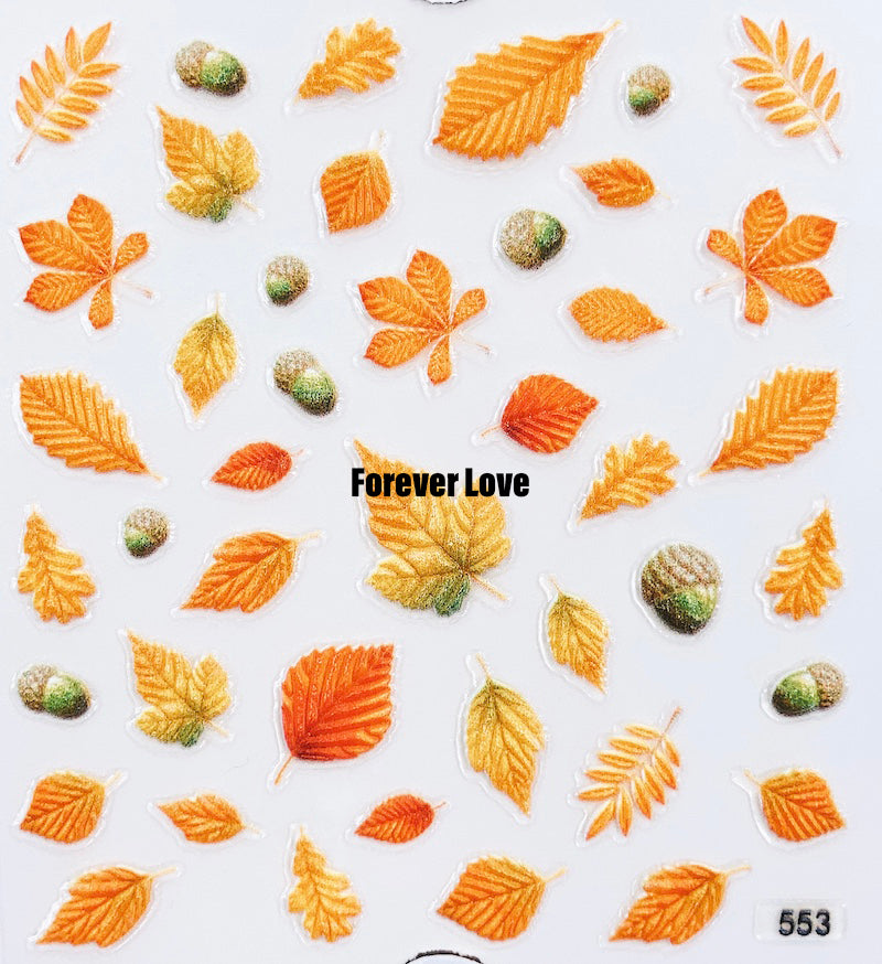 Forever Love Nail Art Stickers Decals Autumn Fall Leaves 5D