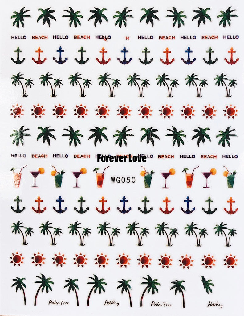 Forever Love Nail Art Stickers Decals Summertime Holiday Hello Beach Anchors Palm Trees Sun Drinks