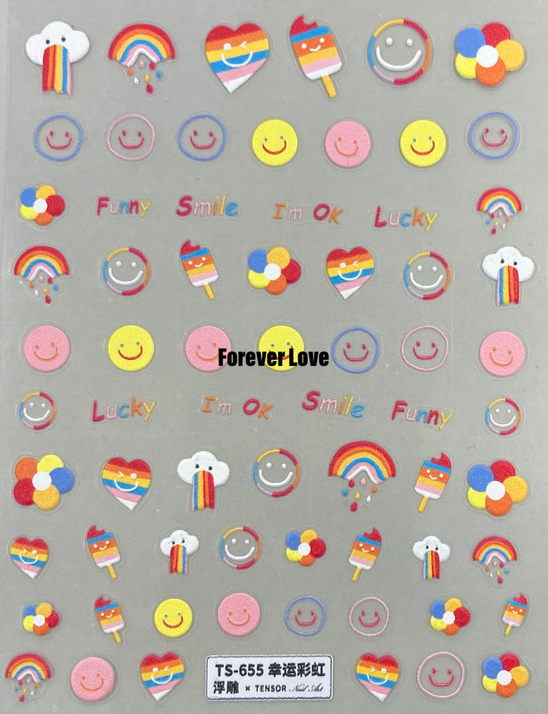 Forever Love Nail Art Stickers Decals Smiley Face Rainbow Cloud Ice Cream